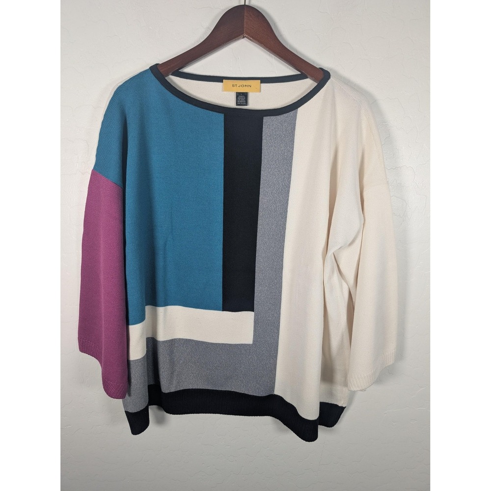 St. John‎ Sweater Womens Large Colorblock Wool Blend Knit Boat Neck 3/4 Sleeve